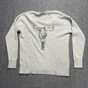 Skull Cashmere Sweater Womens Small Gray Cow Skull V-Neck Goth Grunge